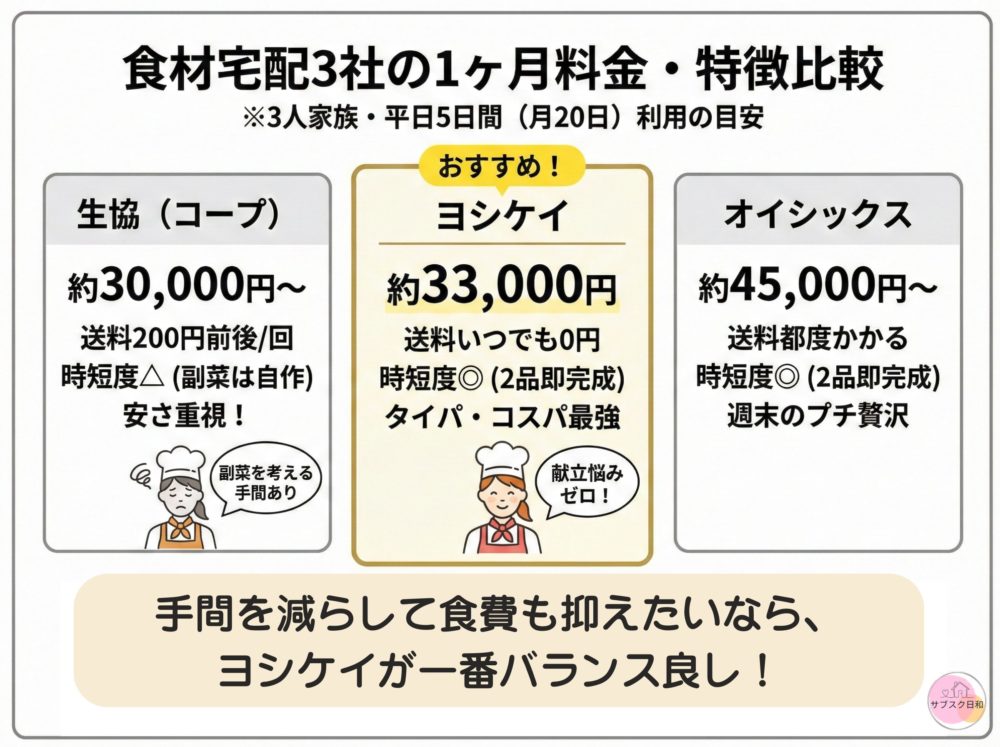食材宅配3社の1ヶ月料金・特徴比較