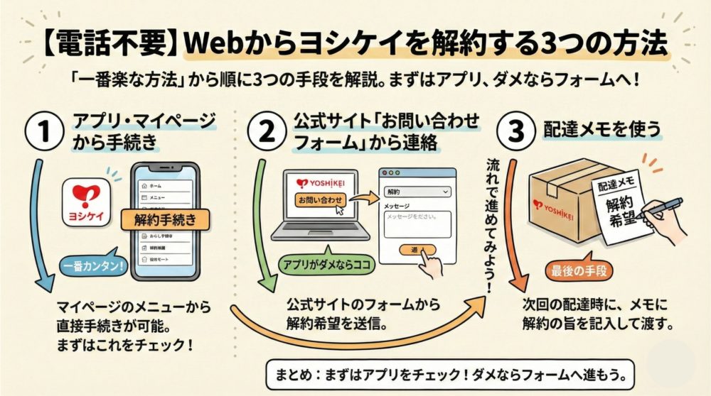 Webからヨシケイを解約する3つの方法