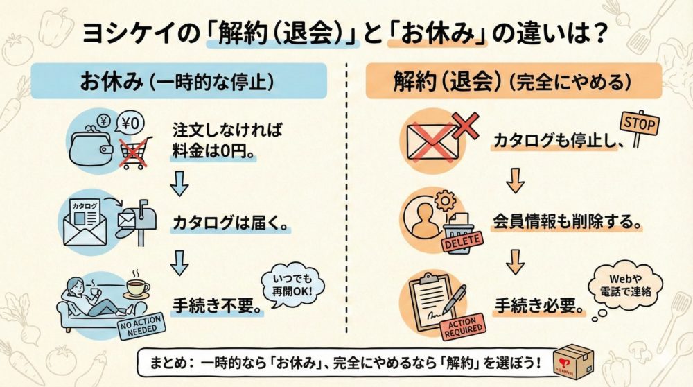 ヨシケイの「解約（退会）」と「お休み」の違い