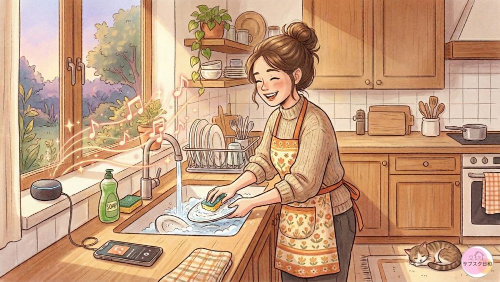 Amazon Music Unlimitedを聴きながら笑顔でお皿を洗うママ